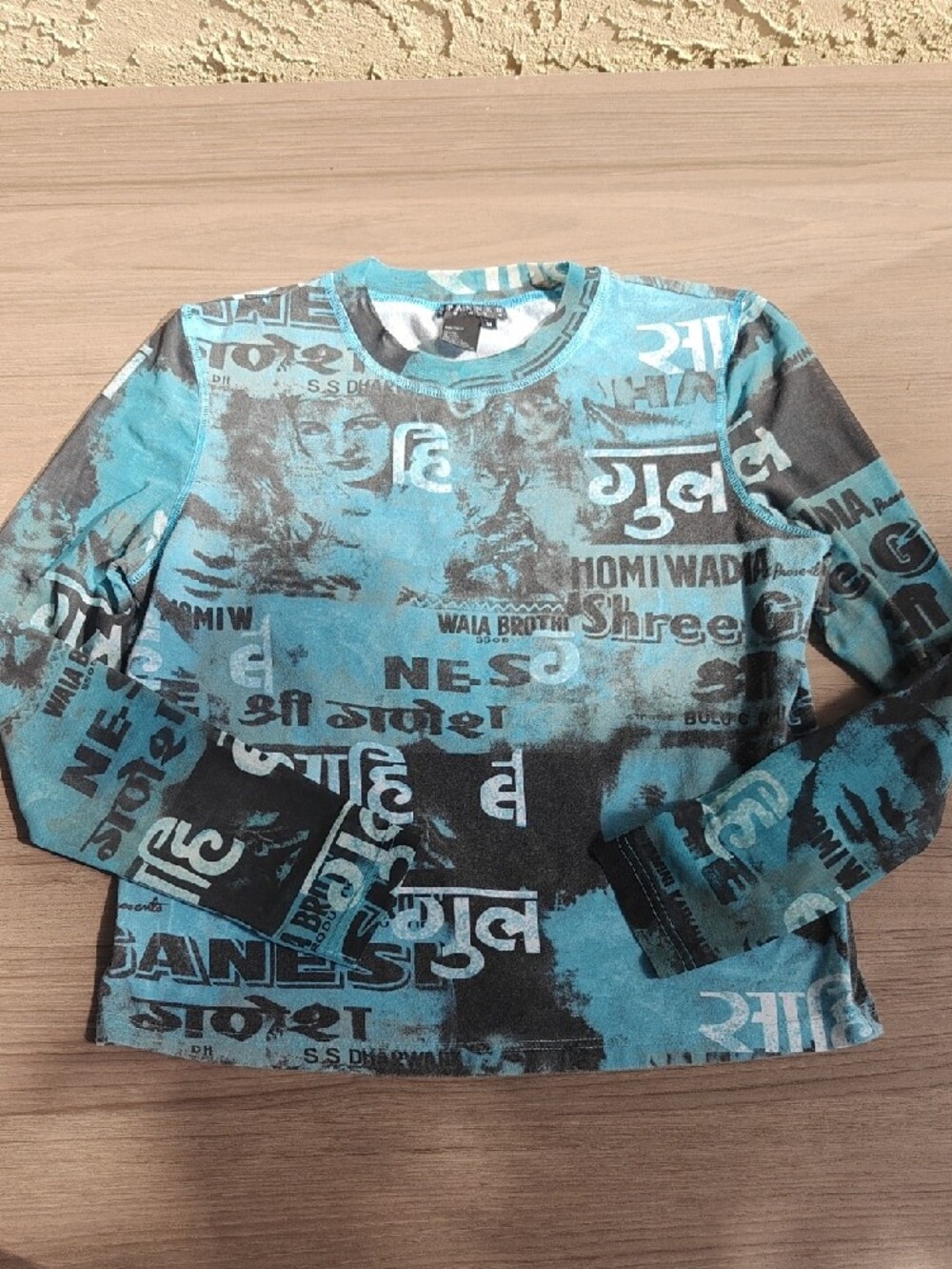 Y2K SPANNER Mesh Long Sleeve Graphic Tee in Teal and Black